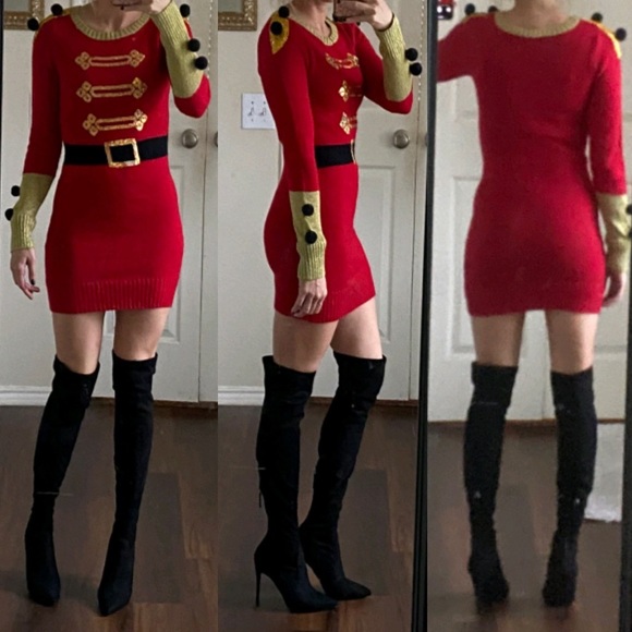 Hooked Up by IOT Dresses & Skirts - Red black gold sequin Christmas toy soldier Santa Claus elf sweater dress